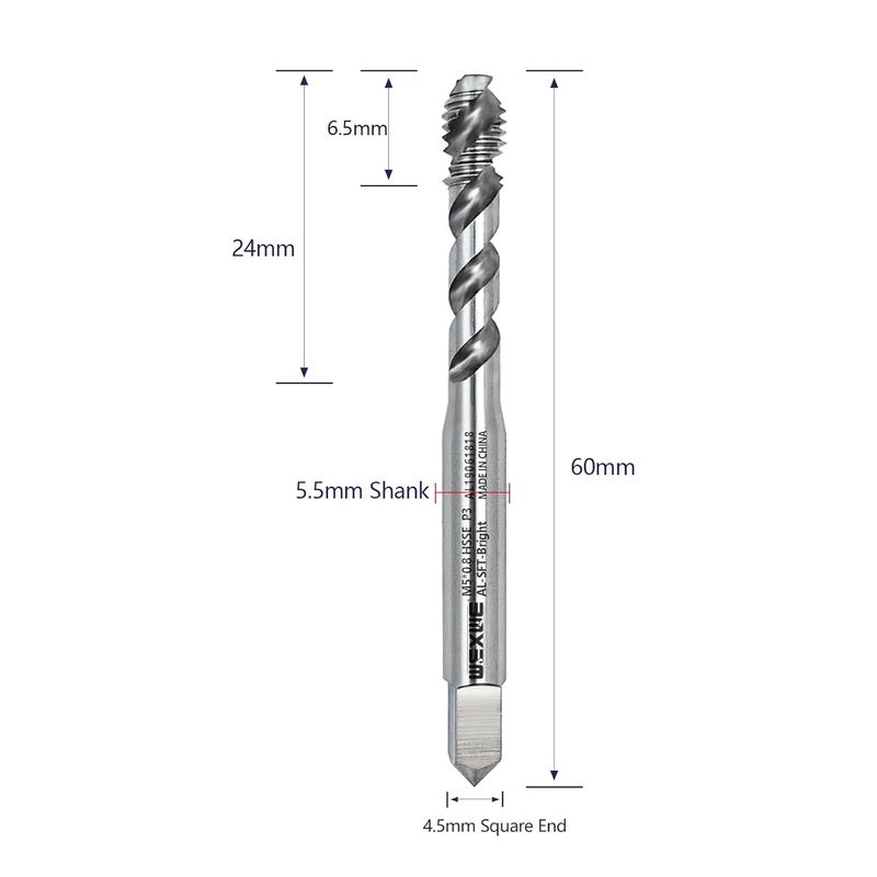 WEXWE Store Tools M5 x 0.8 Spiral Flute Thread Tap, Metric Machine Threading Tap High Speed Steel Cobalt(HSSCo), Bright for Aluninum Cutting,Round Shank with Square End, H2 Tolerance, 1pcs - Image 2